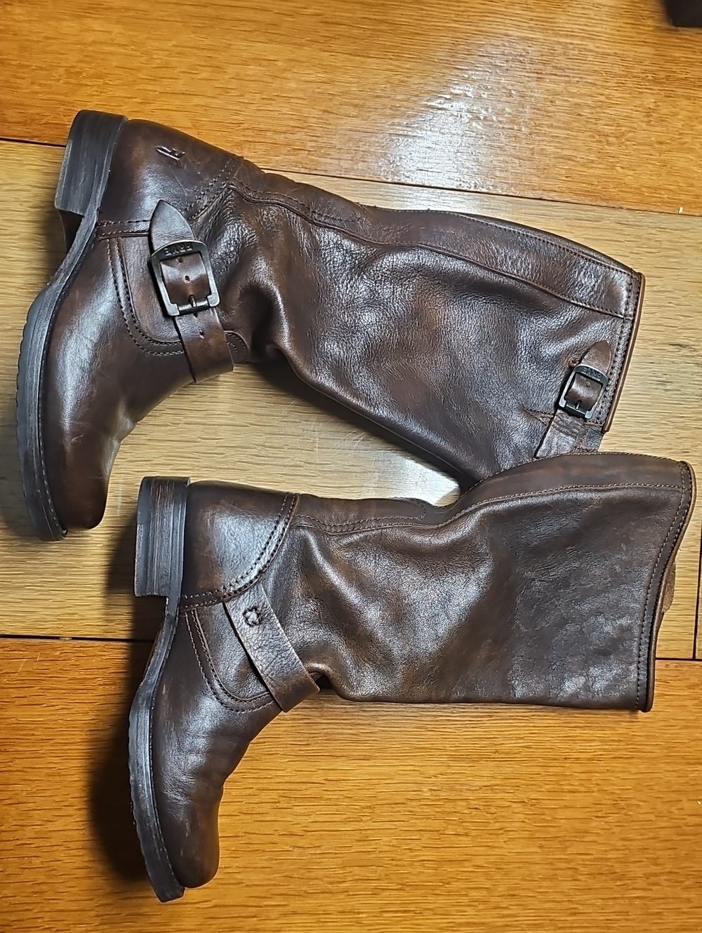 Frye Brown Leather Mid-Calf Buckle Boots